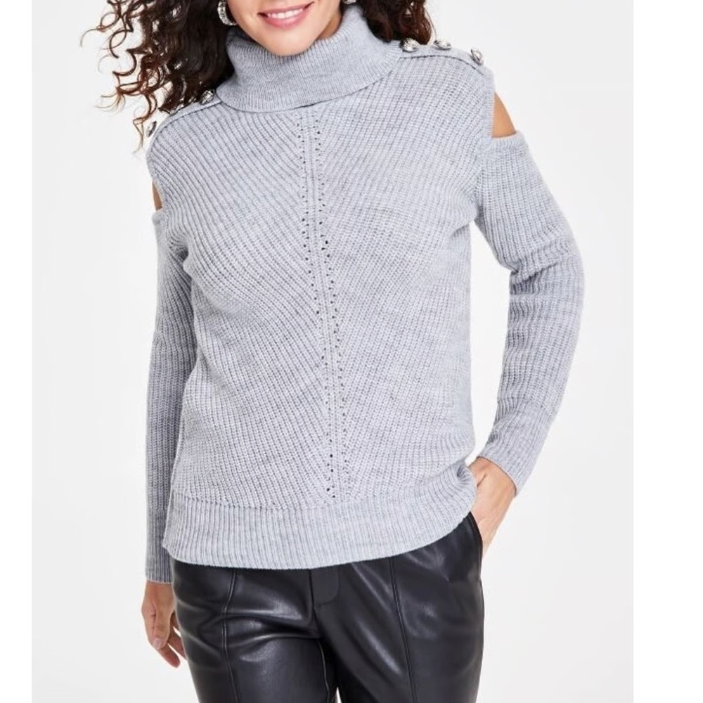 INC International Concepts Woman’s Small Light Gray Cold Shoulder Sweater